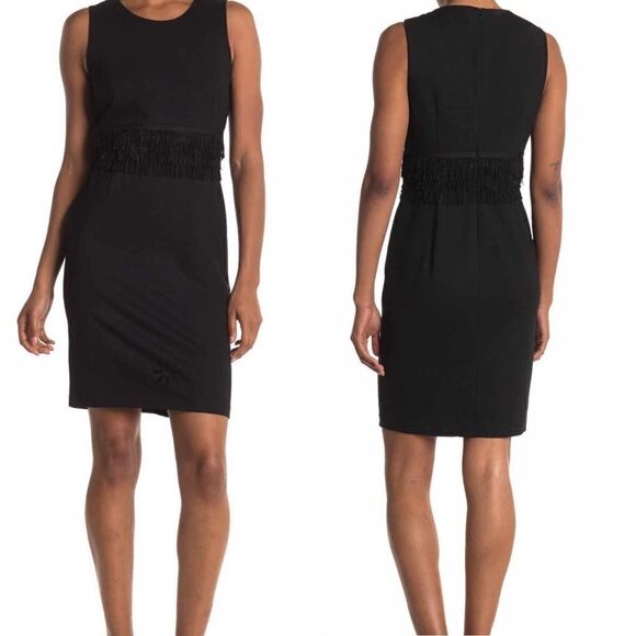 Carmen Marc Valvo Ponte Scoop Neck Dress, Black Size: 10, Fringe Dress NWT - Picture 1 of 15